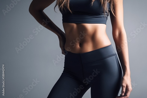 Close-up of a slender athletic woman's belly. A girl in sports leggings. Generative AI