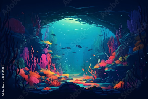 Underwater landscape, digital art. Generative AI
