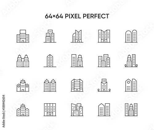 Buildings line icons. Bank, Hotel, Courthouse. City, Real estate, Architecture buildings icons. Hospital, town house, museum. Urban architecture, city skyscraper, downtown. Vector