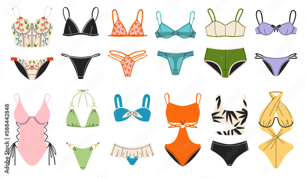 Lingerie and swimsuits. Bright woman bikini, fashionable beach models, separate and piecework, cute bras and colorful panties, bodysuits, cartoon flat illustration, tidy vector set