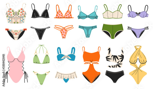 Lingerie and swimsuits. Bright woman bikini, fashionable beach models, separate and piecework, cute bras and colorful panties, bodysuits, cartoon flat illustration, tidy vector set