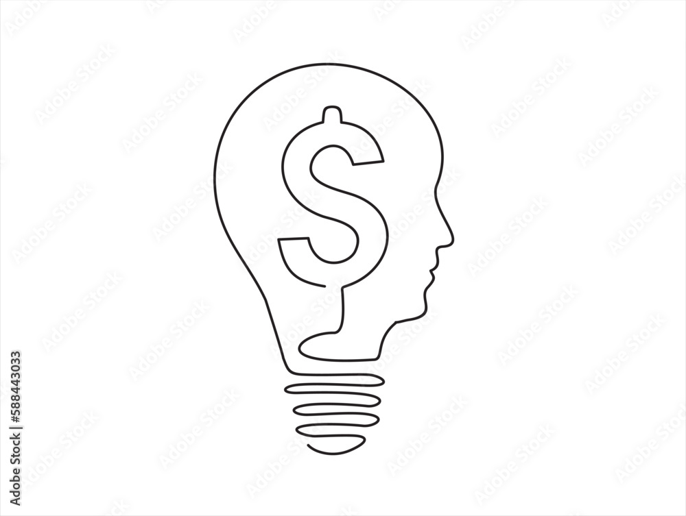 Continuous One line drawing of light bulb, in the form of a human face with dollar sign inside. Good idea to make money Continuous One line drawing of light bulb, in the form of a human face with dollar sign inside. Good idea to make money