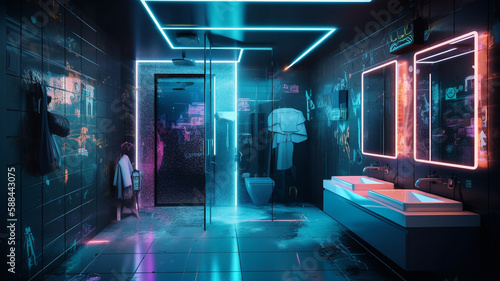 Futuristisches Cyberpunk-Badezimmer mit Neonlichtern, holographischen Displays und transparenter Glastür - modernes Design mit AI-Unterstützung