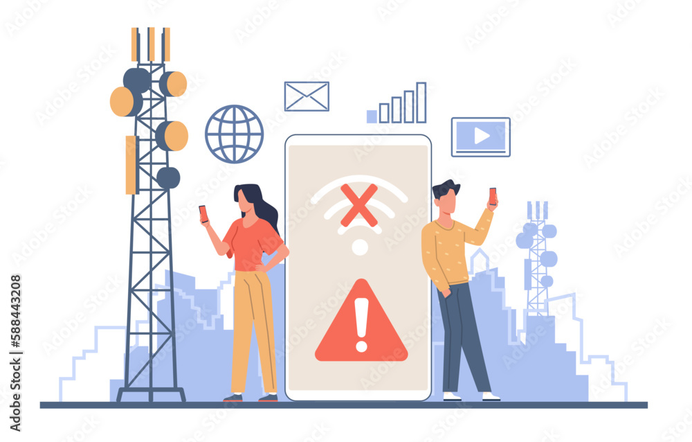 Loss of wireless connection, no Wi-Fi signal. Huge smartphone, antenna internet towers, man and woman hold phone, link error. Cartoon flat isolated illustration. Vector concept Loss of wireless connection, no Wi-Fi signal. Huge smartphone, antenna internet towers, man and woman hold phone, link error. Cartoon flat isolated illustration. Vector concept