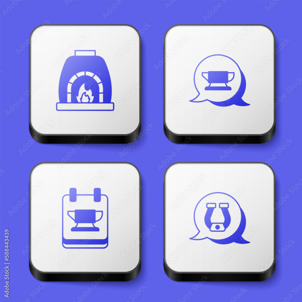 Set Blacksmith oven, anvil tool, and Horseshoe icon. White square button. Vector Set Blacksmith oven, anvil tool, and Horseshoe icon. White square button. Vector