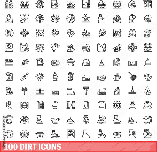 100 dirt icons set. Outline illustration of 100 dirt icons vector set isolated on white background
