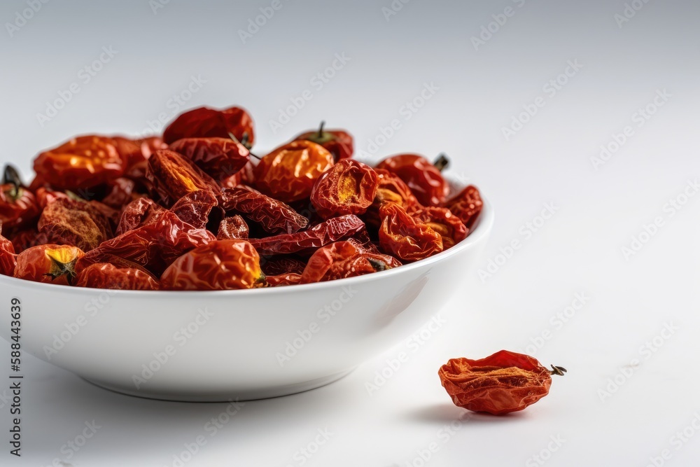 Dried Tomatoes In A White Bowl On A White Background. Generative AI Dried Tomatoes In A White Bowl On A White Background. Generative AI