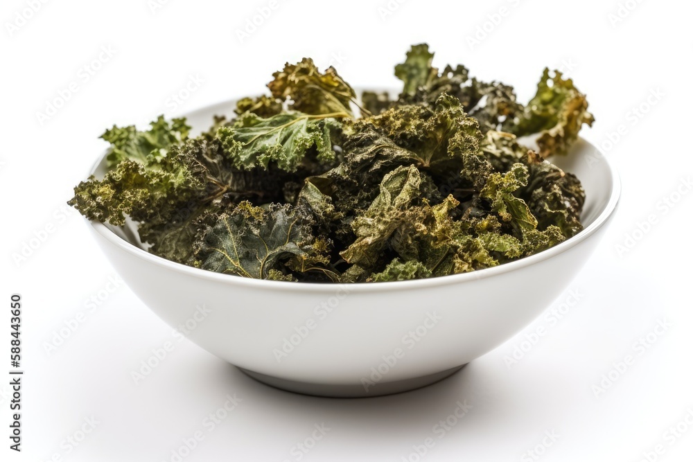 Dried Kale In A White Bowl On A White Background. Generative AI Dried Kale In A White Bowl On A White Background. Generative AI