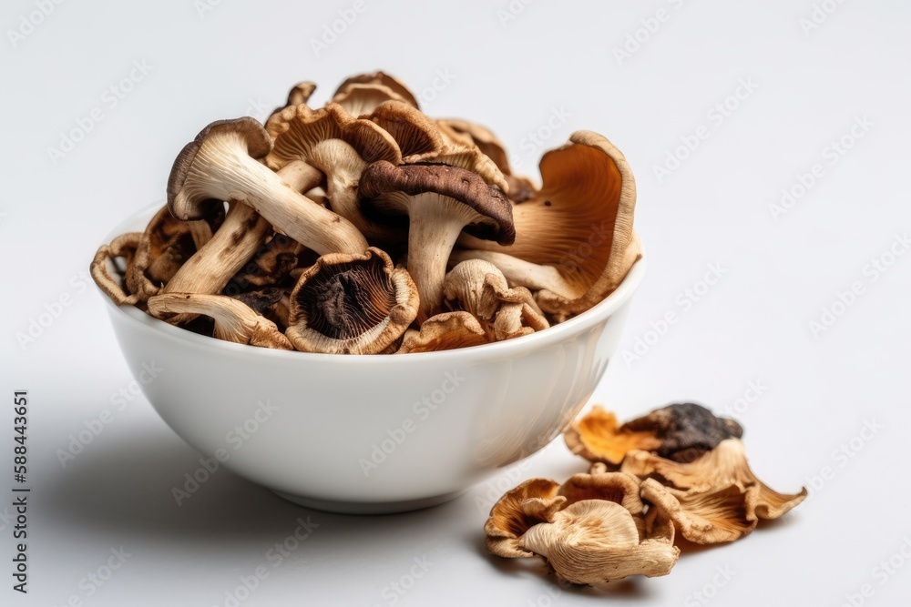 Dried Mushrooms In A White Bowl On A White Background. Generative AI Dried Mushrooms In A White Bowl On A White Background. Generative AI