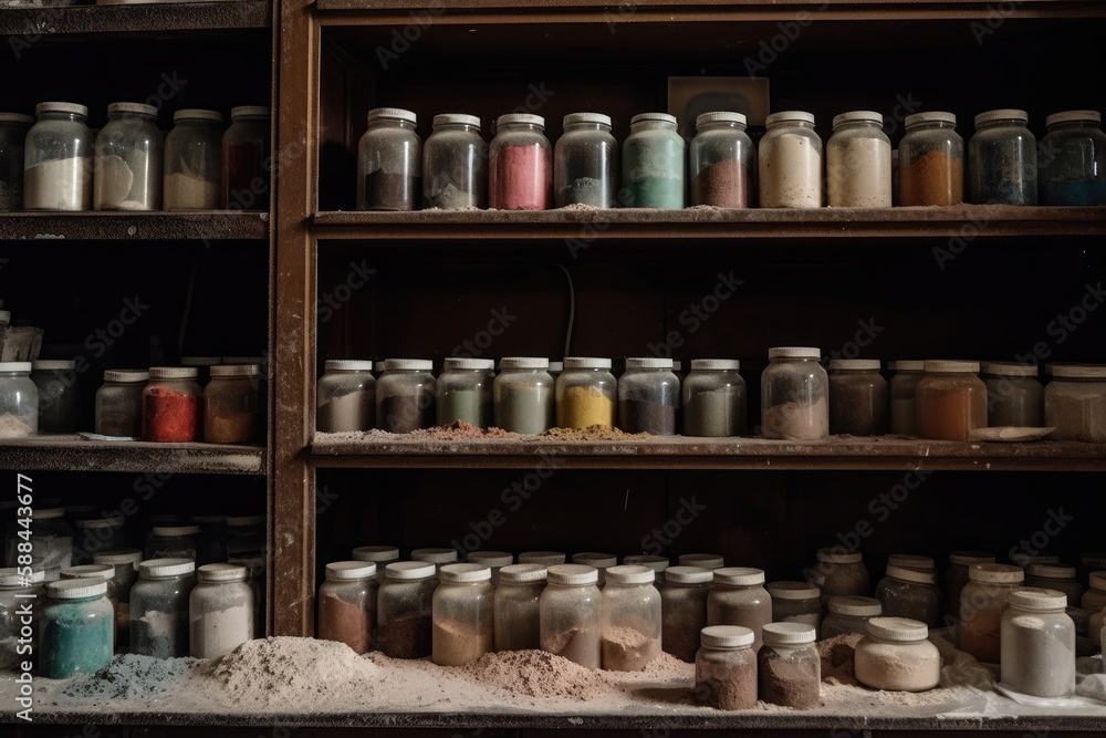 Dusty Jars Of Powders And Ointments On Shelves. Generative AI