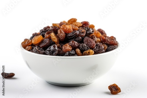 Dried Raisins In A White Bowl On A White Background. Generative AI