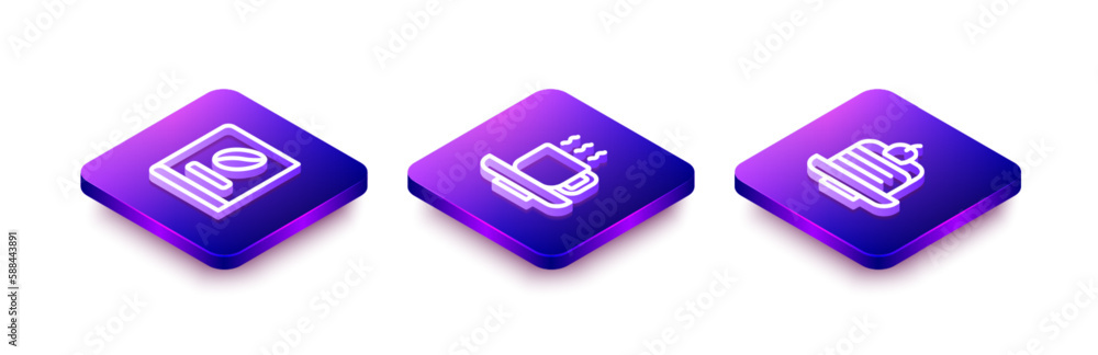 Set Isometric line Coffee book, cup and Piece cake icon. Vector Set Isometric line Coffee book, cup and Piece cake icon. Vector