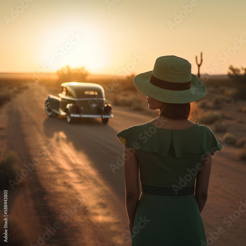 emme séduisante dans le désert avec une voiture au coucher du soleil, concept de l'aventure - IA Generative