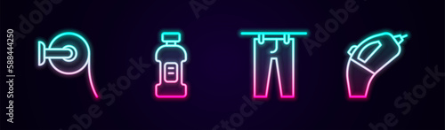 Set line Toilet paper roll, Bottle for detergent, Drying clothes and Portable vacuum cleaner. Glowing neon icon. Vector