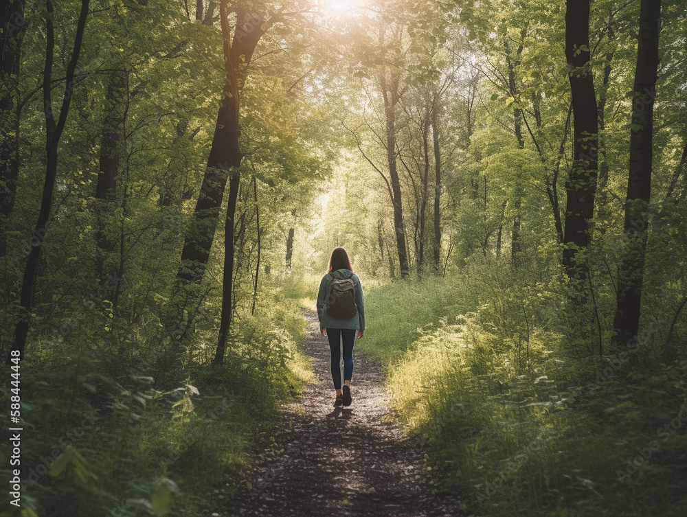 A Woman Hiking Alone down a Trail in Summer | Generative AI