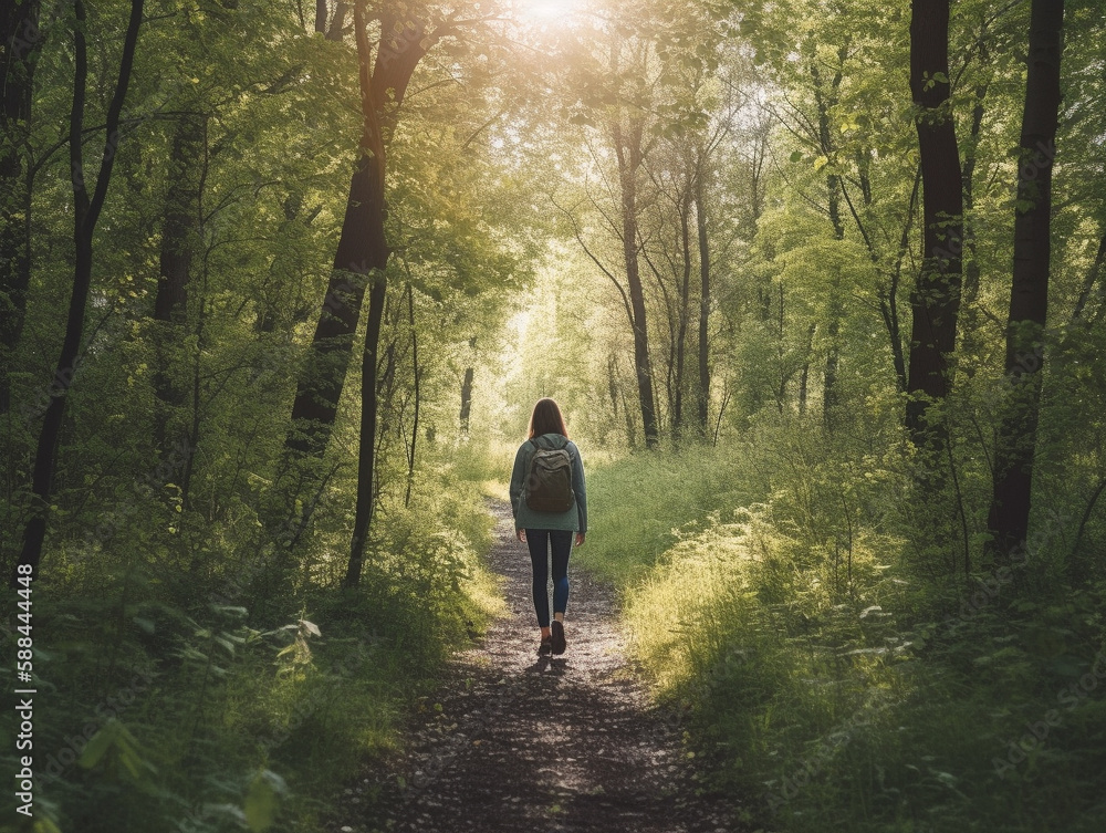 A Woman Hiking Alone down a Trail in Summer | Generative AI A Woman Hiking Alone down a Trail in Summer | Generative AI