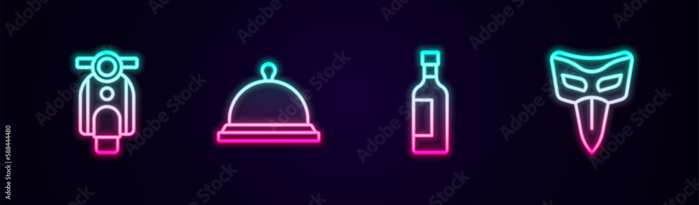 Set line Scooter, Covered with tray of food, Bottle wine and Carnival mask. Glowing neon icon. Vector Set line Scooter, Covered with tray of food, Bottle wine and Carnival mask. Glowing neon icon. Vector