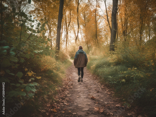 A Person Walking down a Trail in the Fall | Generative AI