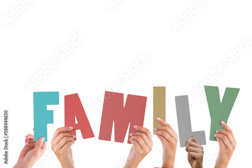 Cropped hands holding colorful word family