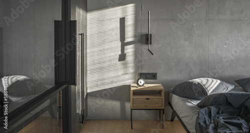 Minimalistic black wall light in modern bedroom interior in grey and black colours, concrete wall design, clay wall. Contemporary interior design aesthetics with concrete details