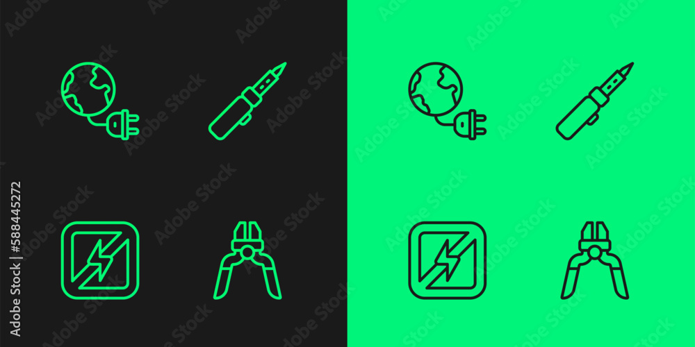 Set line Pliers tool, No lightning, Global energy planet with plug and Soldering iron icon. Vector Set line Pliers tool, No lightning, Global energy planet with plug and Soldering iron icon. Vector
