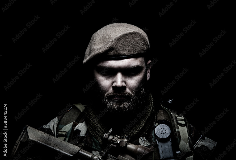 Close up portrait of bearded commando fighter, army special forces soldier, private military company mercenary wearing beret. Pride and tradition of military service, elite or special forces unit Close up portrait of bearded commando fighter, army special forces soldier, private military company mercenary wearing beret. Pride and tradition of military service, elite or special forces unit