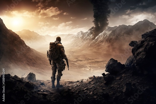 Soldier in a destroyed fantasy warzone.  Created using generative AI.