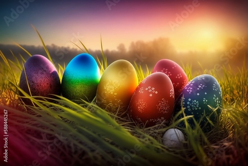 Colorful eastereggs in the nature at sunset.  Created using generative AI.
