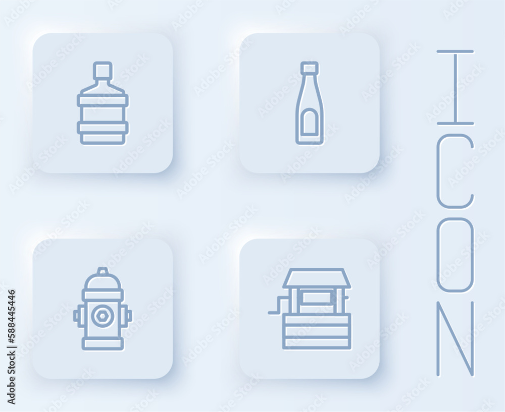 Set line Big bottle with clean water, Bottle of, Fire hydrant and Well. White square button. Vector Set line Big bottle with clean water, Bottle of, Fire hydrant and Well. White square button. Vector