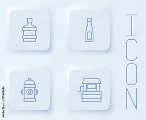 Set line Big bottle with clean water  Bottle of  Fire hydrant and Well. White square button. Vector