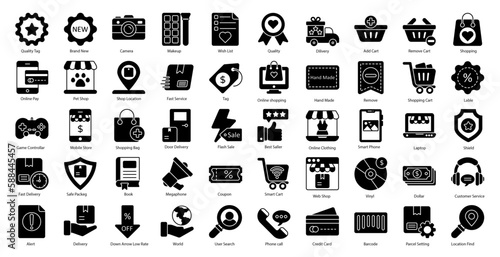 Online Store Glyph Icons Digital Shopping Shipping Iconset in Glyph Style 50 Vector Icons in Black