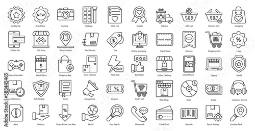 Online Store Thin Line Icons Digital Shopping Shipping Iconset in Outline Style 50 Vector Icons in Black