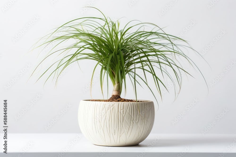 Fototapeta premium Ponytail Palm Beaucarnea Recurvata In A White Pot On A White Background. Generative AI