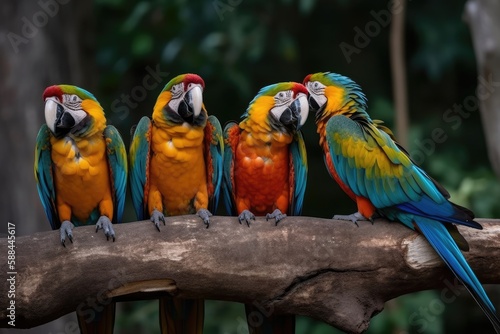 Group Of Macaws Sitting On A Tree Branch. Generative AI