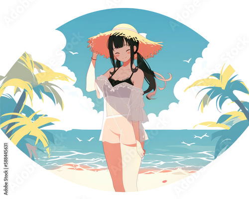 Beautiful anime woman on the beach with hat. Vector illustration.