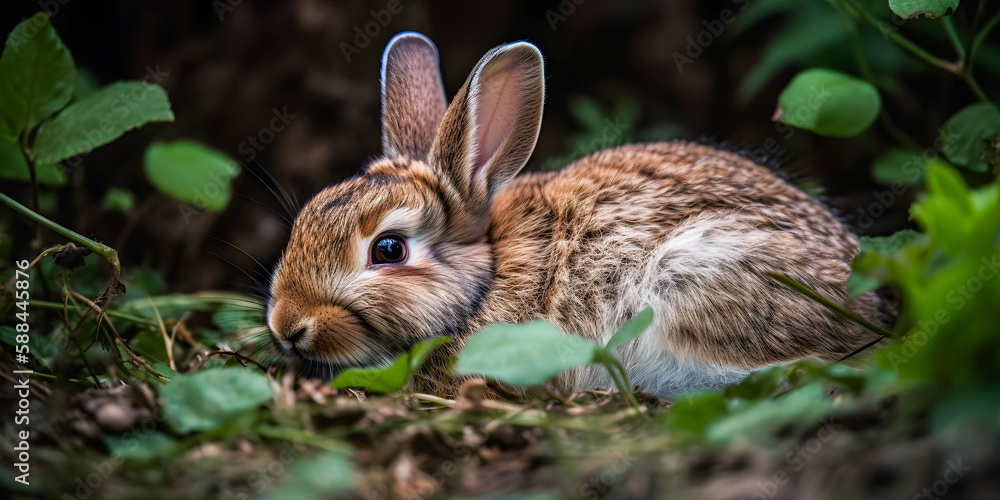 Cute bunny relaxing in a meadow during spring - generative AI Cute bunny relaxing in a meadow during spring - generative AI