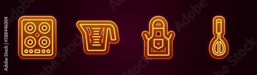 Set line Gas stove, Measuring cup, Kitchen apron and whisk. Glowing neon icon. Vector
