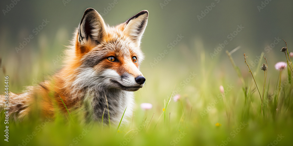 Adorable fox standing in a meadow during spring - generative AI