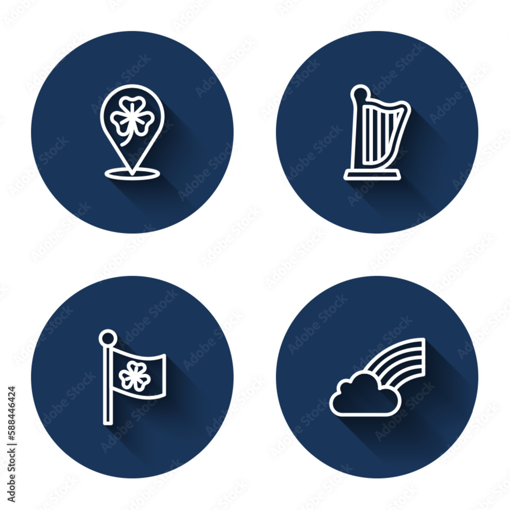 Set line Clover trefoil leaf, Harp, Ireland flag with clover and Rainbow cloud with long shadow. Blue circle button. Vector Set line Clover trefoil leaf, Harp, Ireland flag with clover and Rainbow cloud with long shadow. Blue circle button. Vector