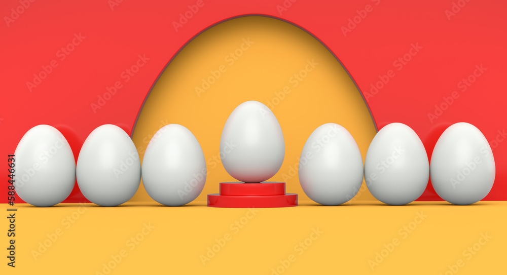 Farm white egg on podium and crowd of eggs standing in line on yellow background Farm white egg on podium and crowd of eggs standing in line on yellow background