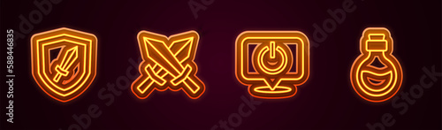 Set line Sword for game, Power button and Bottle with magic elixir. Glowing neon icon. Vector