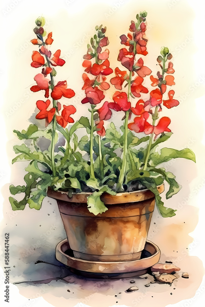 Watercolor Antirrhinum Plant in Pot for Charming and Whimsical Home Decor. Generative AI