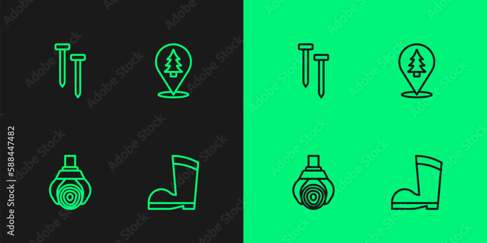 Set line Waterproof rubber boot, Grapple crane grabbed log, Metallic nails and Location the forest icon. Vector Set line Waterproof rubber boot, Grapple crane grabbed log, Metallic nails and Location the forest icon. Vector