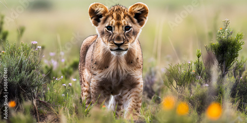 Adorable lion cub standing in a meadow during spring - generative AI