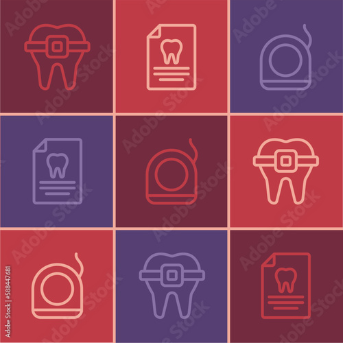 Set line Teeth with braces, Dental floss and Clipboard dental card icon. Vector