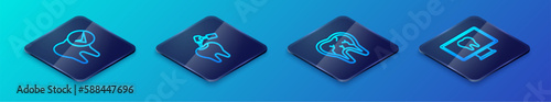 Set Isometric line Broken tooth, Tooth, Online dental care and with caries and drill icon. Vector