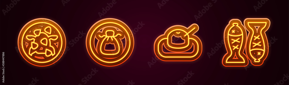 Set line Kung Pao chicken, Wonton, Mochi and Served fish plate. Glowing neon icon. Vector Set line Kung Pao chicken, Wonton, Mochi and Served fish plate. Glowing neon icon. Vector