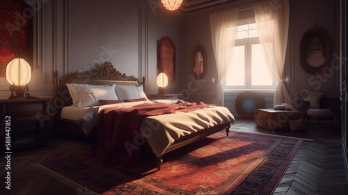 beautiful room interior with bed AI Generated