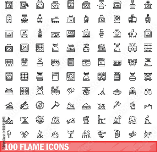 100 flame icons set. Outline illustration of 100 flame icons vector set isolated on white background