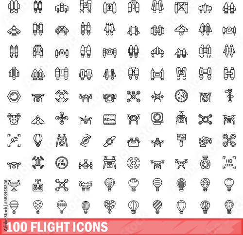 100 flight icons set. Outline illustration of 100 flight icons vector set isolated on white background